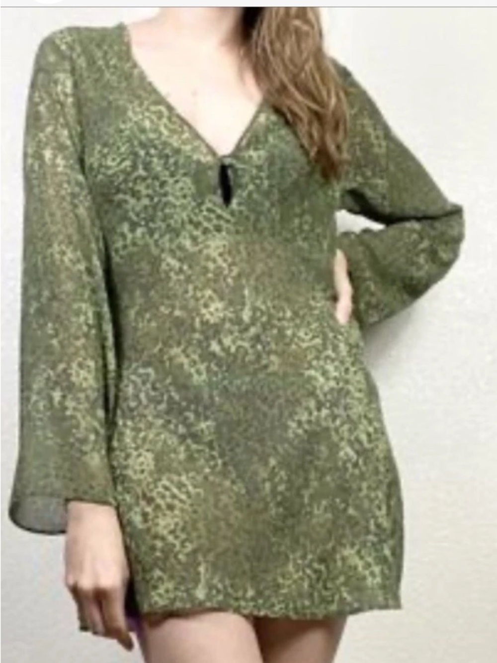 Victoria Secret Green Animal Print Sheer Mini Dress Forest Fairy XS Indie Grunge